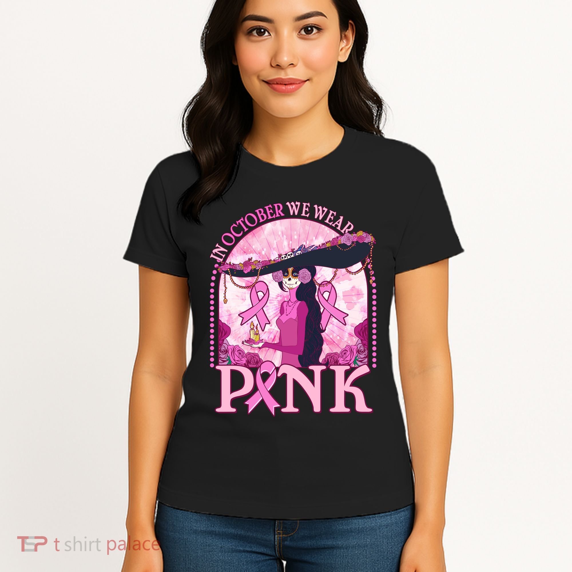 In October We Wear Pink Sugar Skull Lady Breast Cancer Awareness Women's T-Shirt