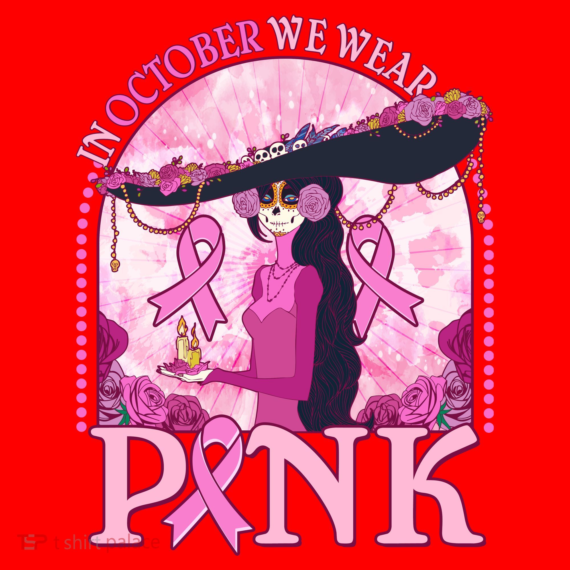 In October We Wear Pink Sugar Skull Lady Breast Cancer Awareness Santa Hat