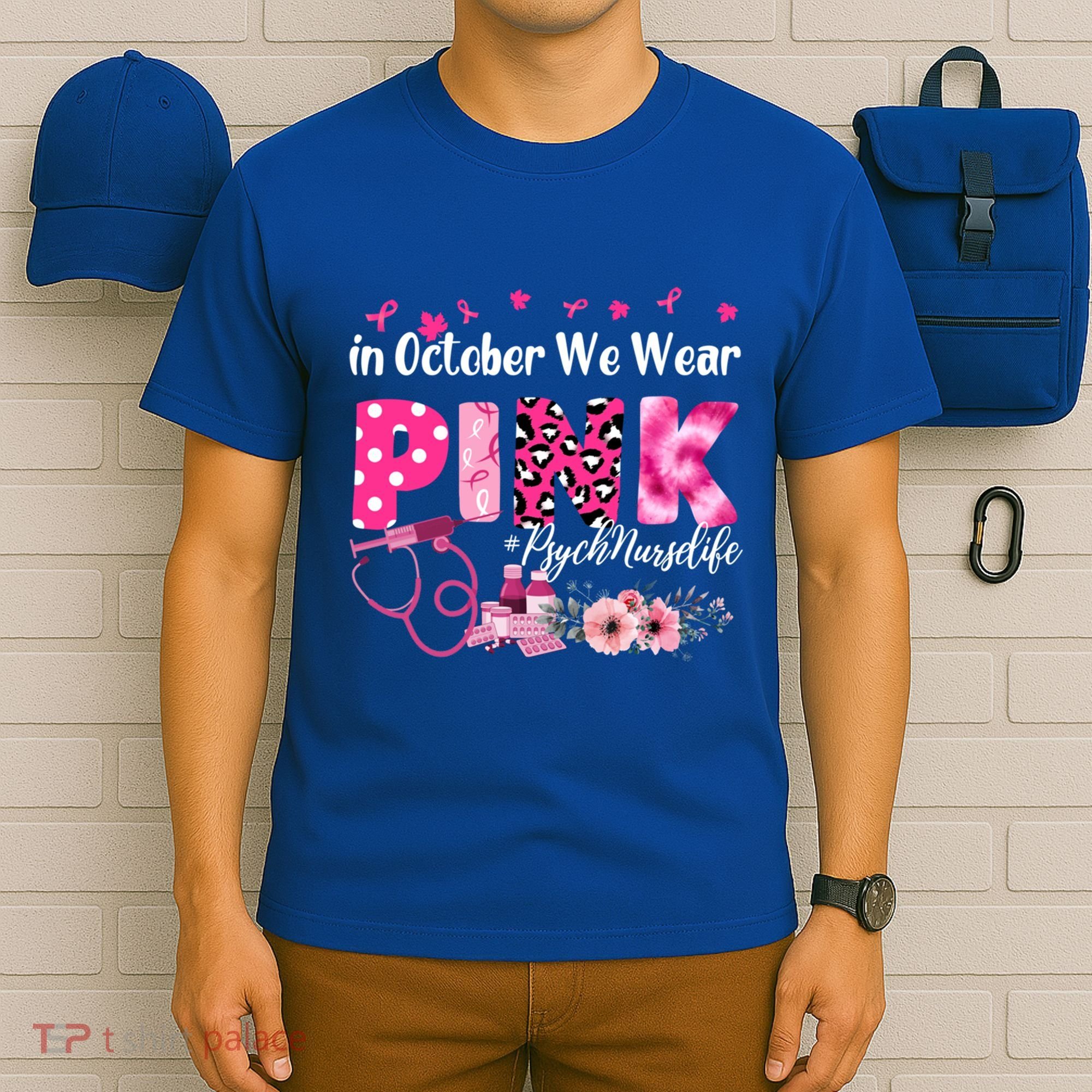In October We Wear Psych Nurse Breast Cancer Awareness Gift T-Shirt