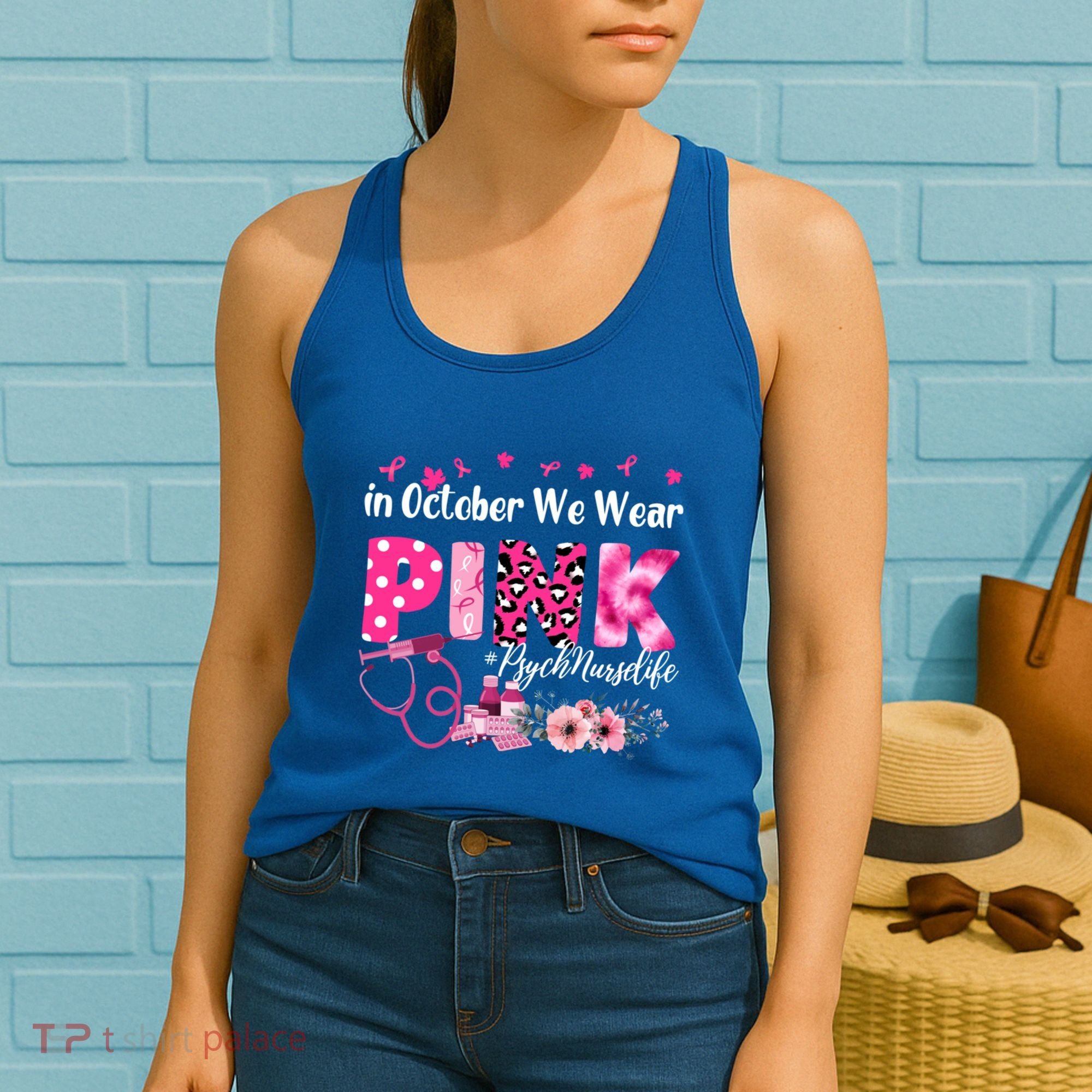 In October We Wear Psych Nurse Breast Cancer Awareness Gift Women's Tank Top