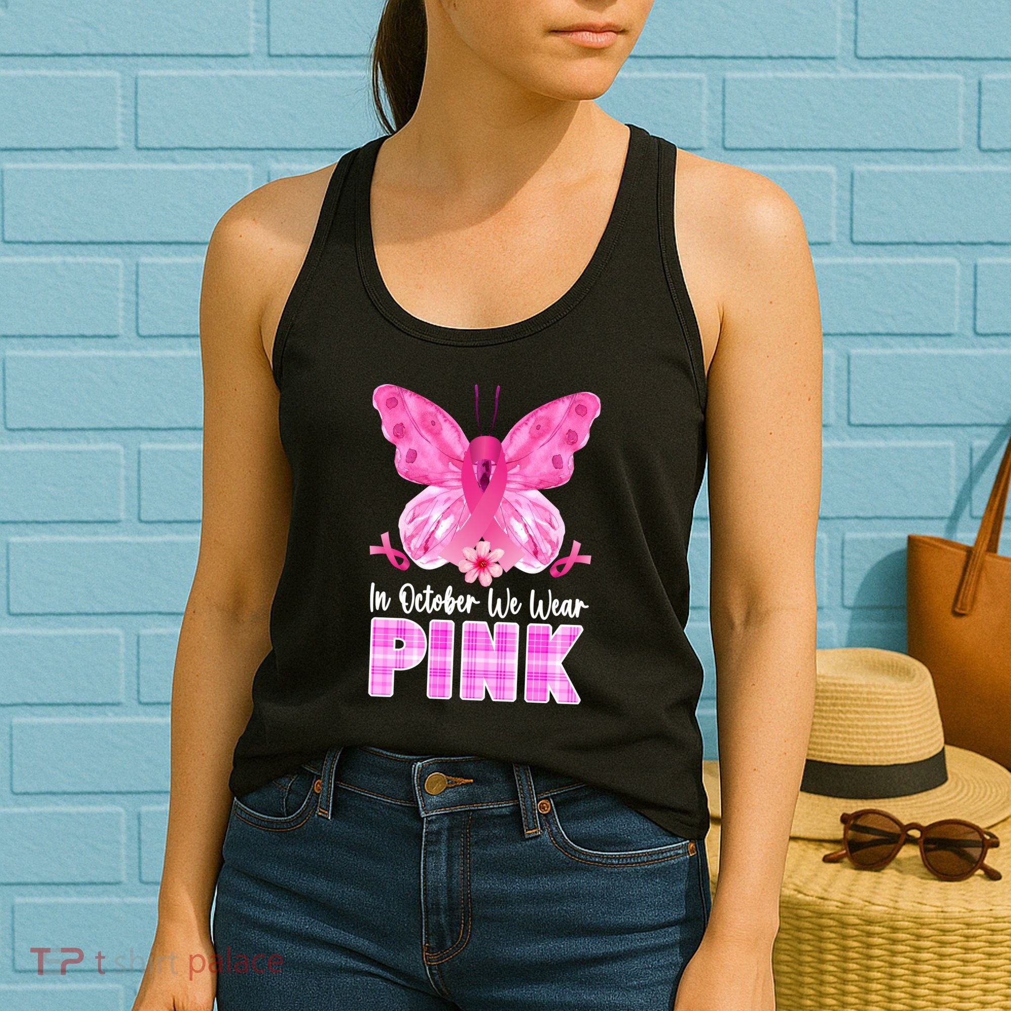 In October We Wear Pink Butterfly Ribbon Breast Cancer Women's Tank Top