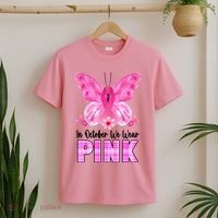 In October We Wear Pink Butterfly Ribbon Breast Cancer T-Shirt thumb 2