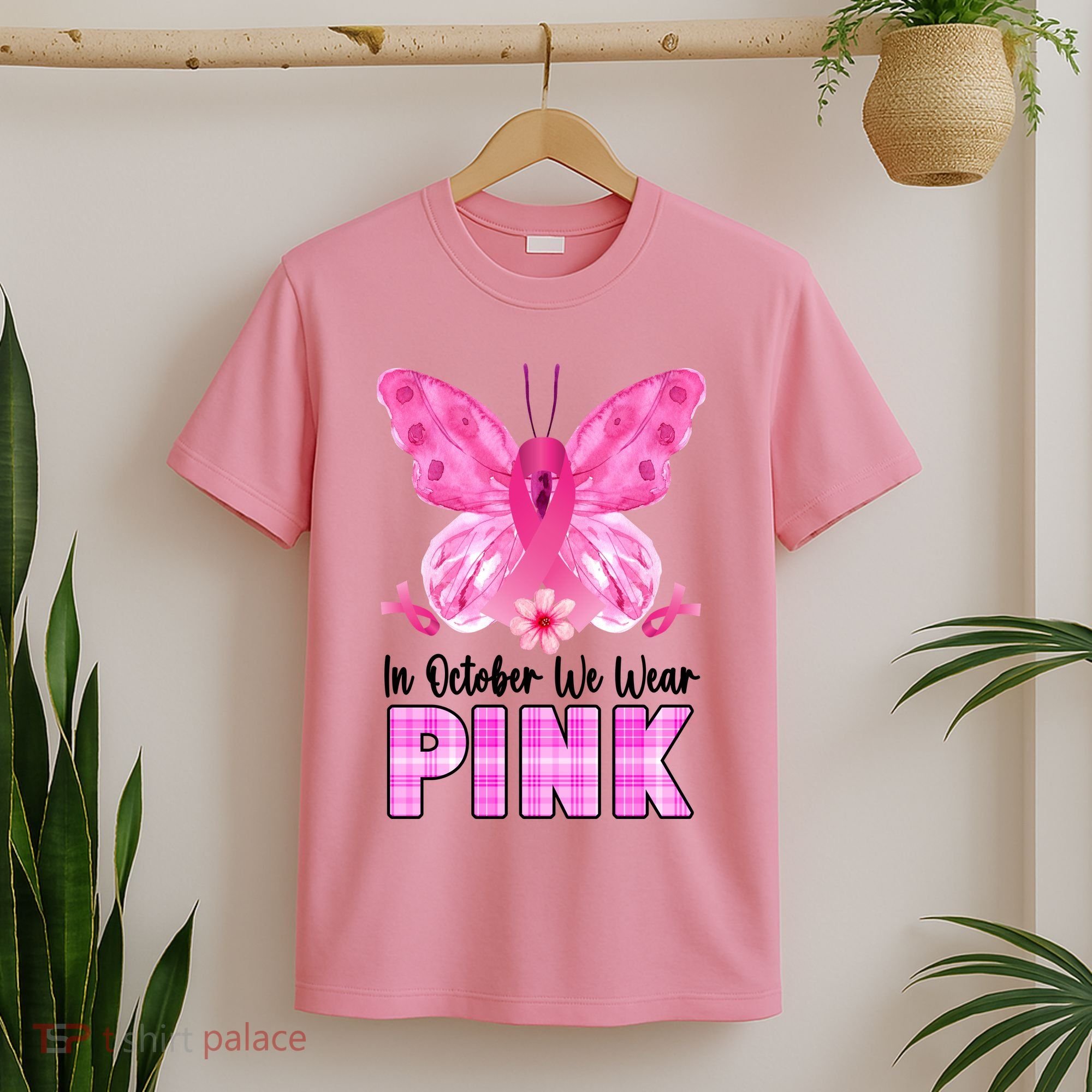 In October We Wear Pink Butterfly Ribbon Breast Cancer T-Shirt