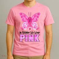 In October We Wear Pink Butterfly Ribbon Breast Cancer T-Shirt thumb 3