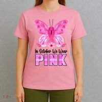 In October We Wear Pink Butterfly Ribbon Breast Cancer T-Shirt thumb 4