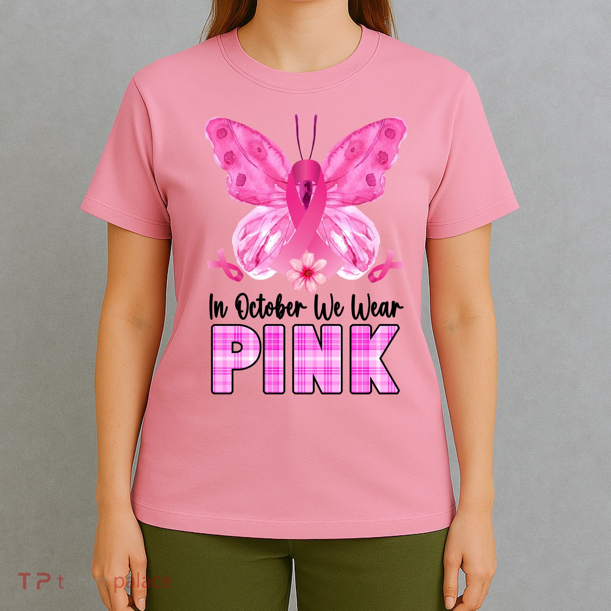 In October We Wear Pink Butterfly Ribbon Breast Cancer T-Shirt