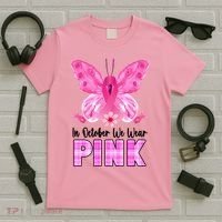 In October We Wear Pink Butterfly Ribbon Breast Cancer T-Shirt thumb 5