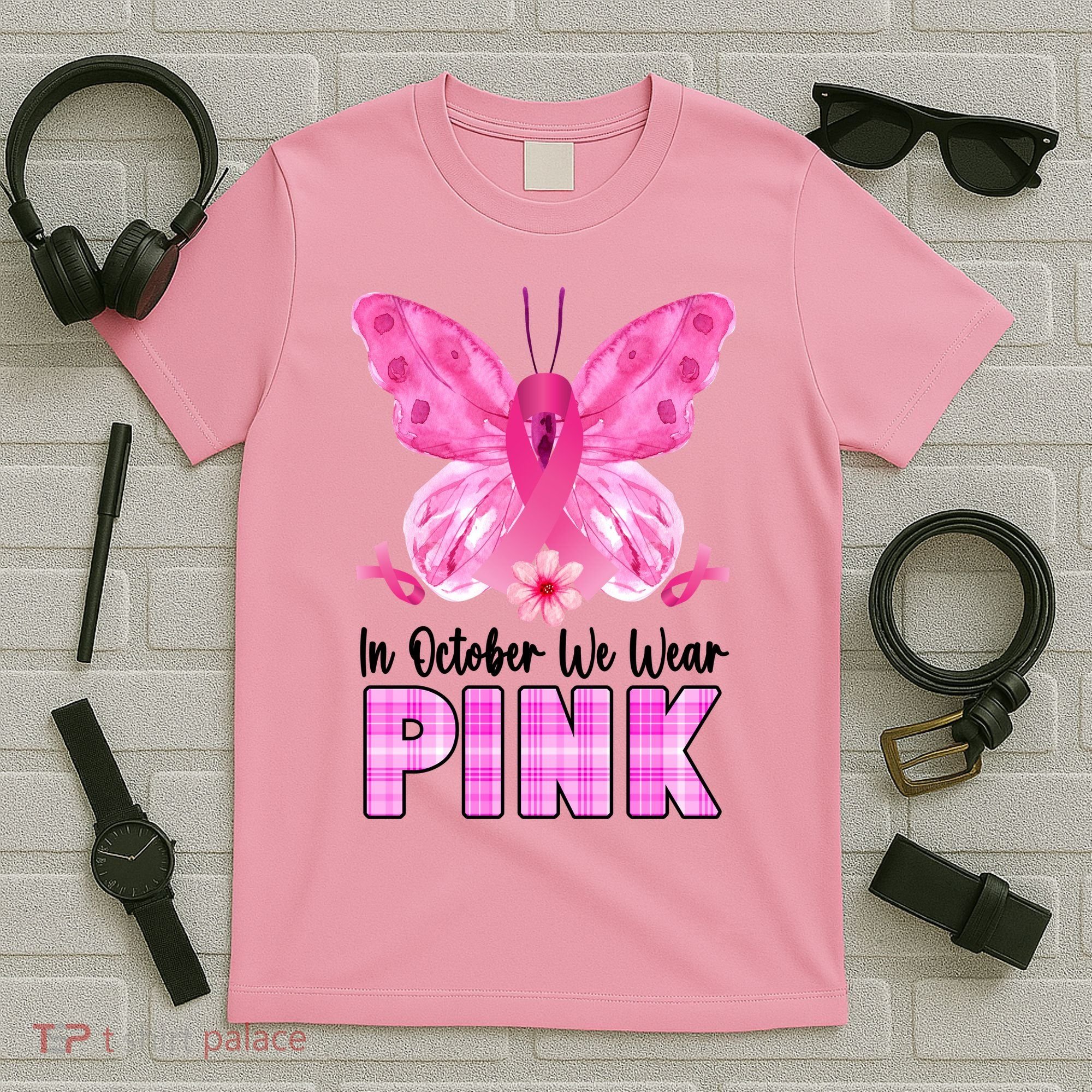 In October We Wear Pink Butterfly Ribbon Breast Cancer T-Shirt