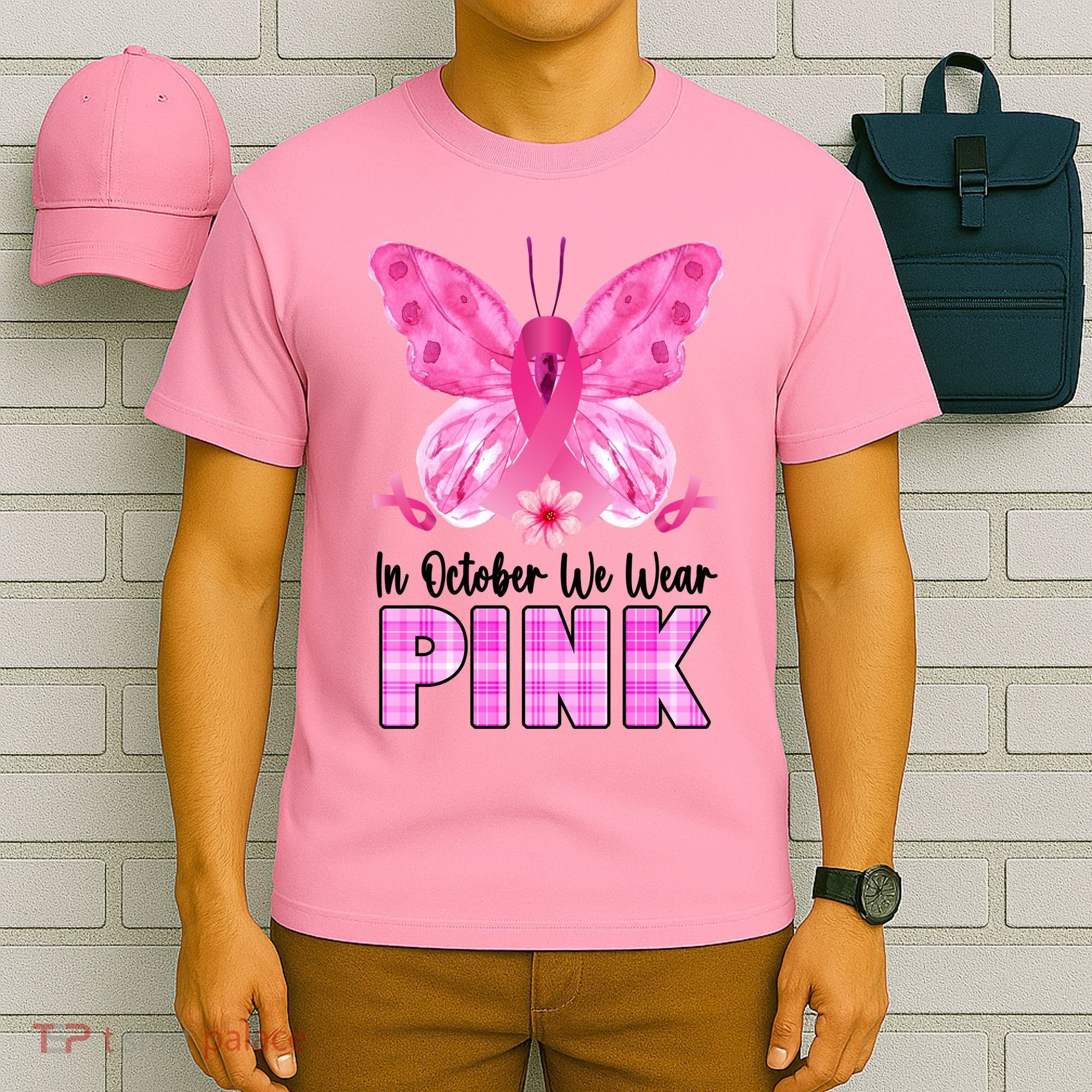 In October We Wear Pink Butterfly Ribbon Breast Cancer T-Shirt