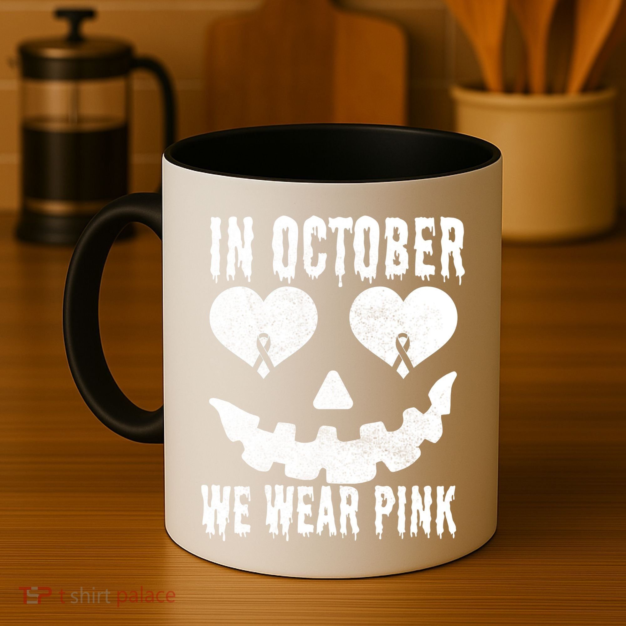 In October We Wear Pink Breast Cancer Jackolantern Halloween Coffee Mug