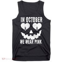 In October We Wear Pink Breast Cancer Jackolantern Halloween Tank Top thumb 0
