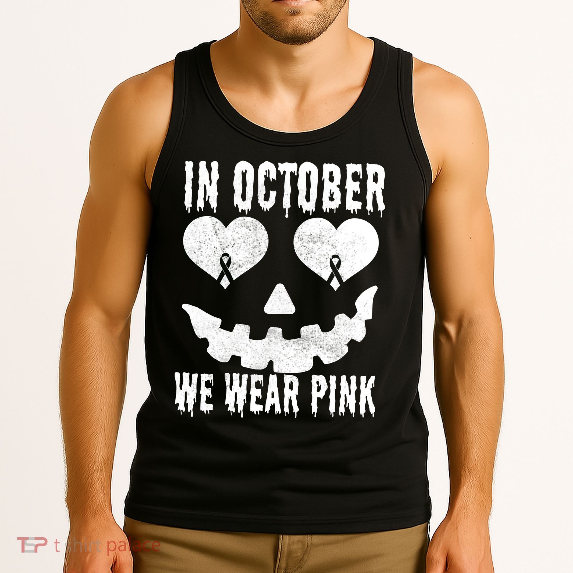 In October We Wear Pink Breast Cancer Jackolantern Halloween Tank Top