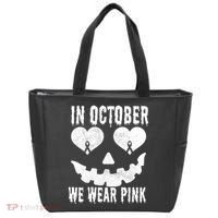In October We Wear Pink Breast Cancer Jackolantern Halloween Tote Bag thumb 0
