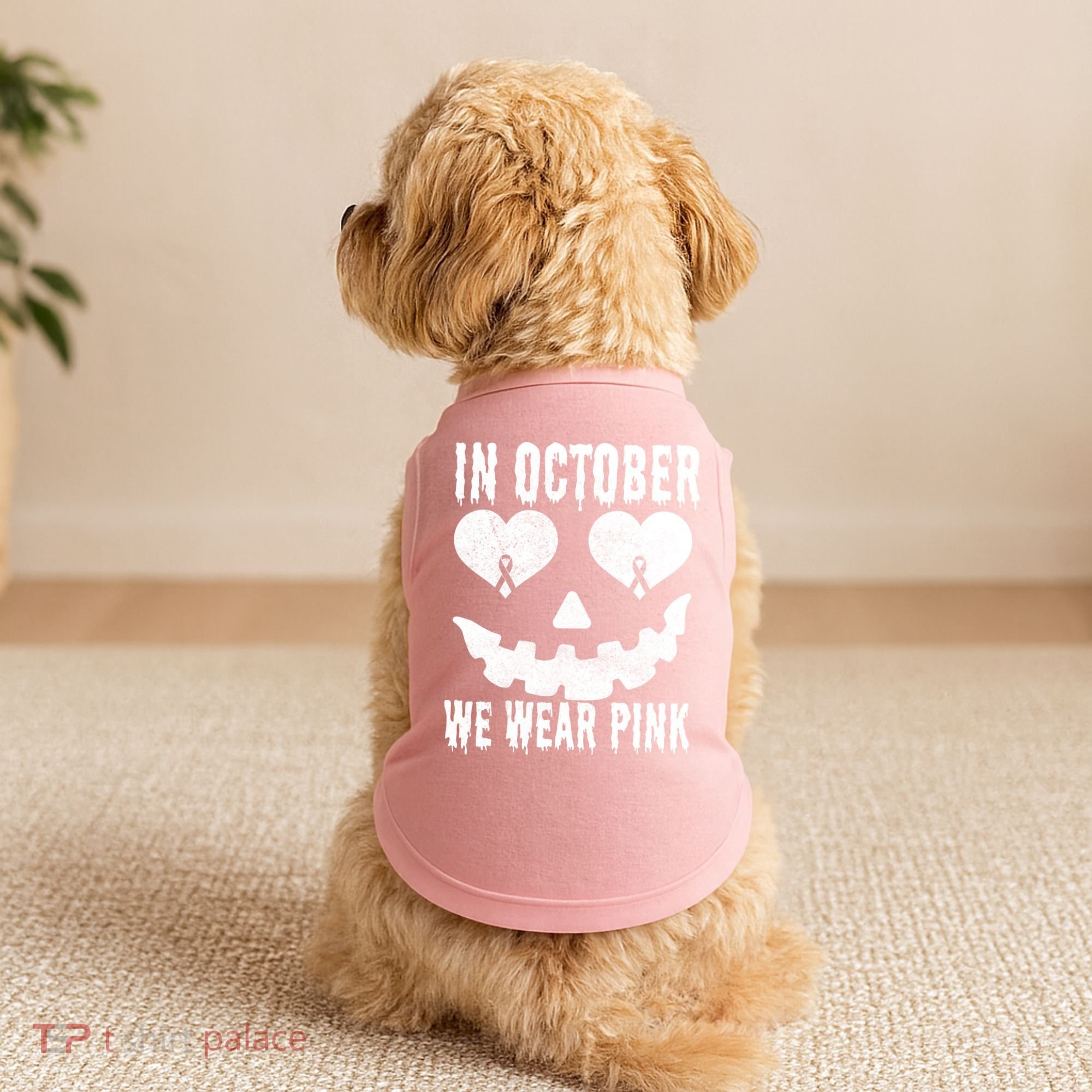 In October We Wear Pink Breast Cancer Jackolantern Halloween Doggie Tank