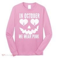 In October We Wear Pink Breast Cancer Jackolantern Halloween Long Sleeve Shirt thumb 0