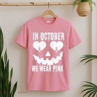 In October We Wear Pink Breast Cancer Jackolantern Halloween T-Shirt thumb 2
