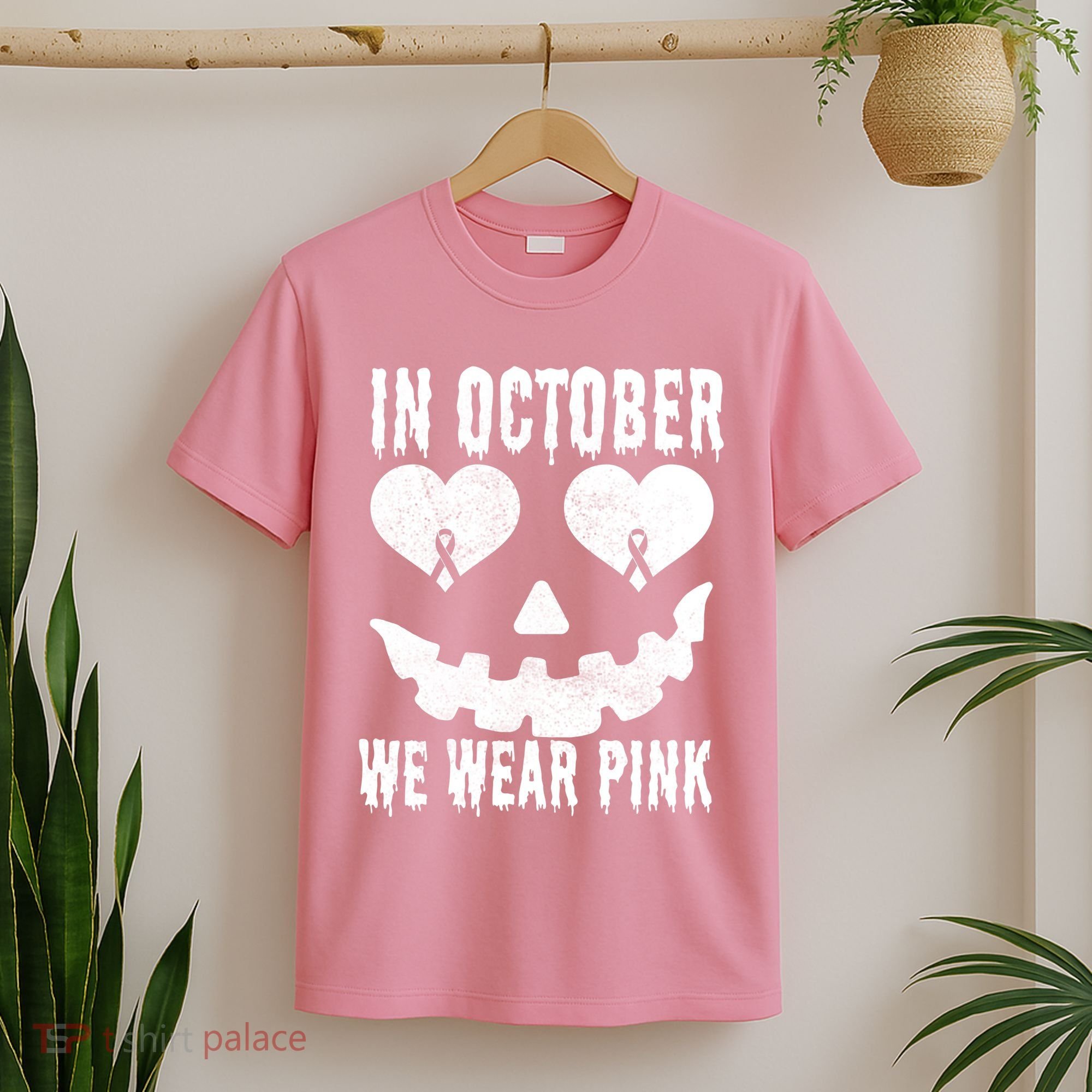 In October We Wear Pink Breast Cancer Jackolantern Halloween T-Shirt