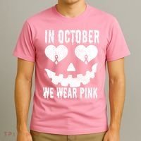 In October We Wear Pink Breast Cancer Jackolantern Halloween T-Shirt thumb 3