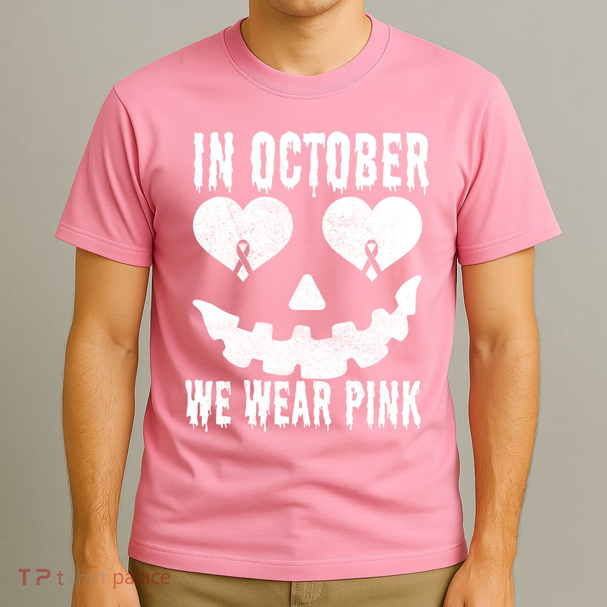 In October We Wear Pink Breast Cancer Jackolantern Halloween T-Shirt