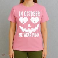 In October We Wear Pink Breast Cancer Jackolantern Halloween T-Shirt thumb 4