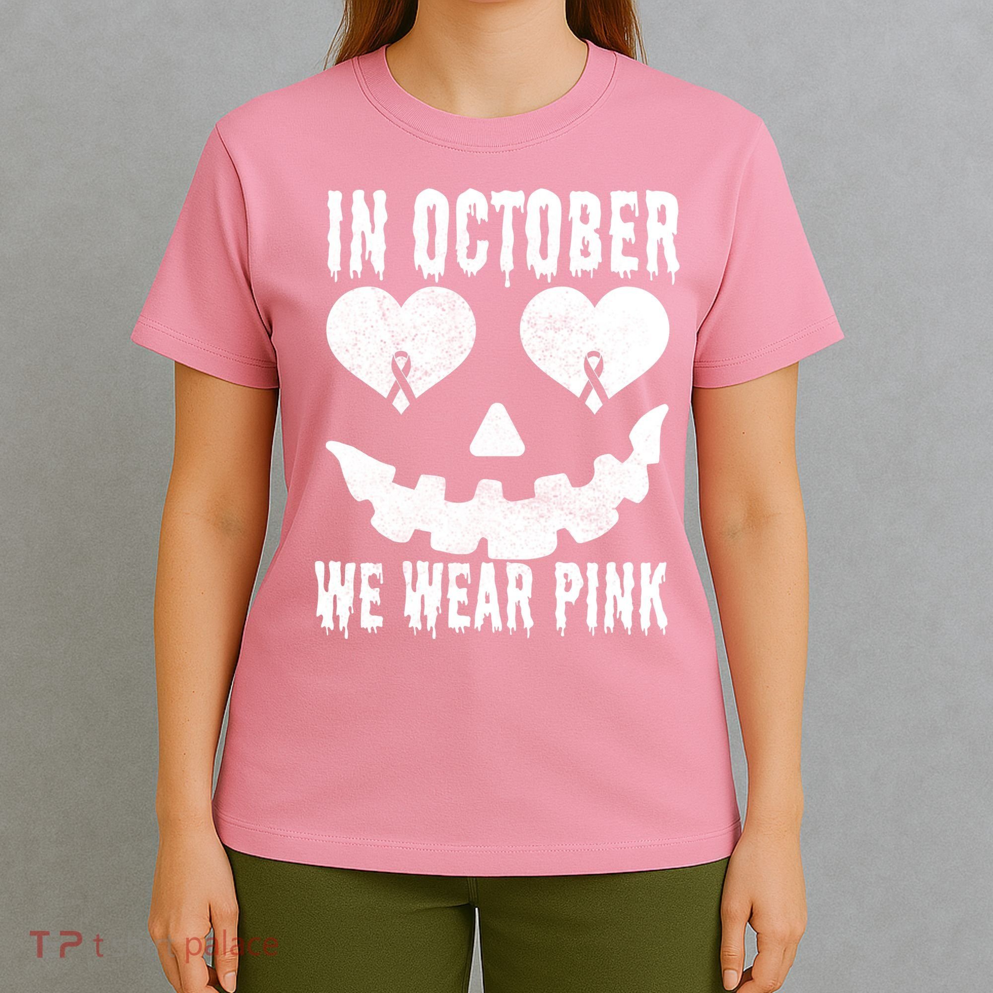In October We Wear Pink Breast Cancer Jackolantern Halloween T-Shirt
