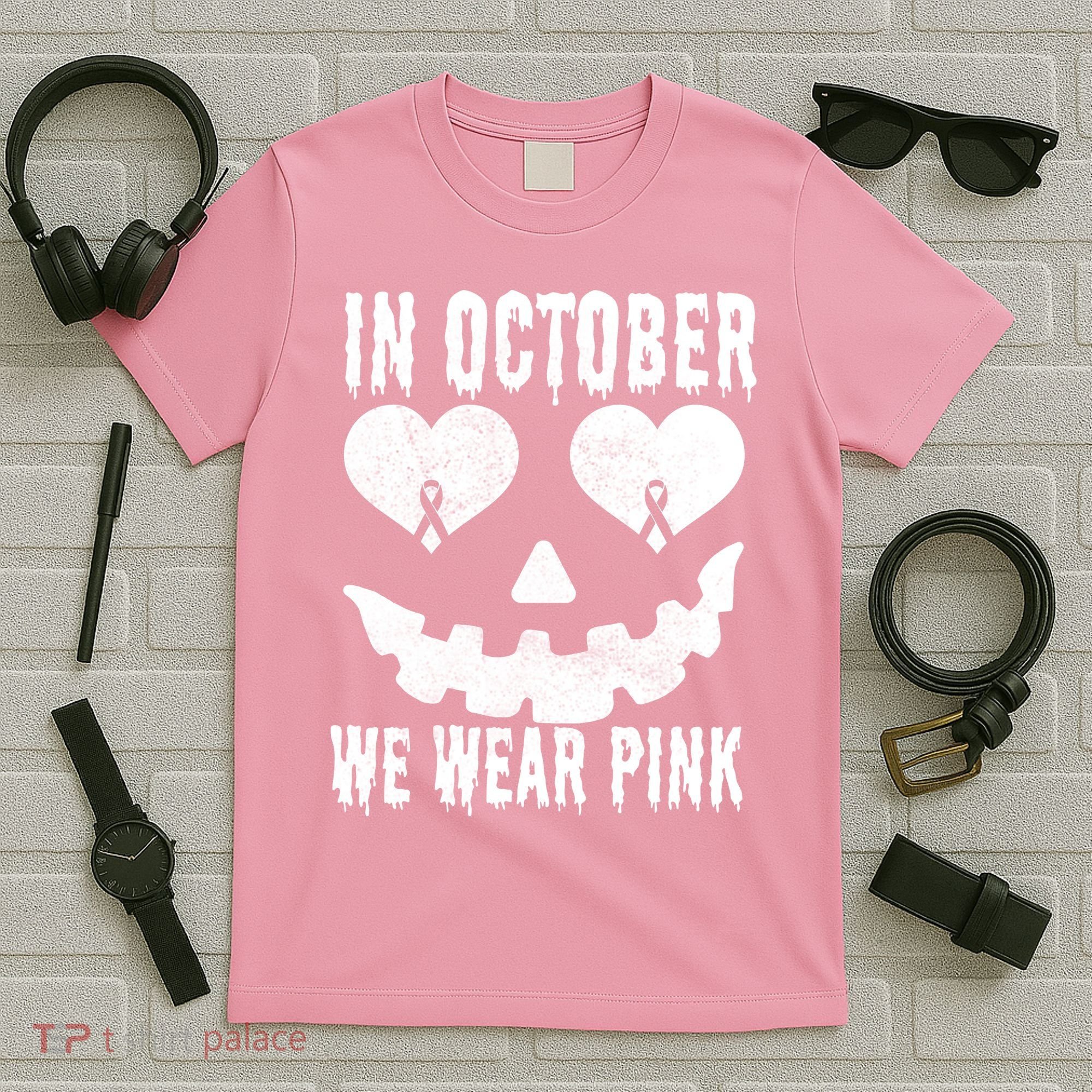 In October We Wear Pink Breast Cancer Jackolantern Halloween T-Shirt