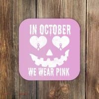 In October We Wear Pink Breast Cancer Jackolantern Halloween Coaster thumb 0