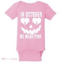 In October We Wear Pink Breast Cancer Jackolantern Halloween Baby Bodysuit thumb 0