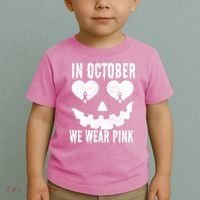 In October We Wear Pink Breast Cancer Jackolantern Halloween Toddler T-Shirt thumb 2