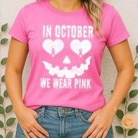 In October We Wear Pink Breast Cancer Jackolantern Halloween Women's T-Shirt thumb 2