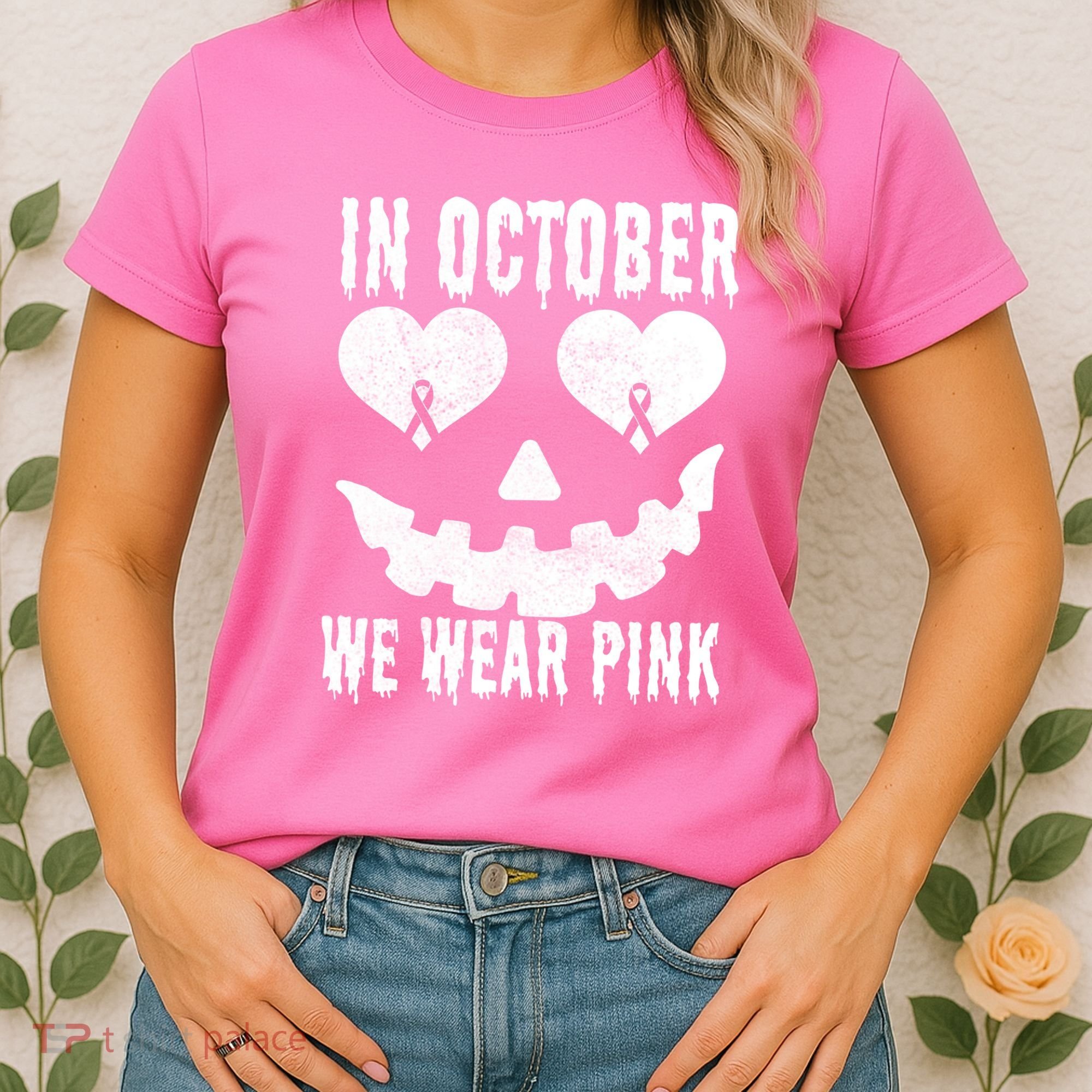 In October We Wear Pink Breast Cancer Jackolantern Halloween Women's T-Shirt