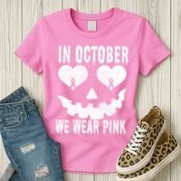 In October We Wear Pink Breast Cancer Jackolantern Halloween Women's T-Shirt thumb 3