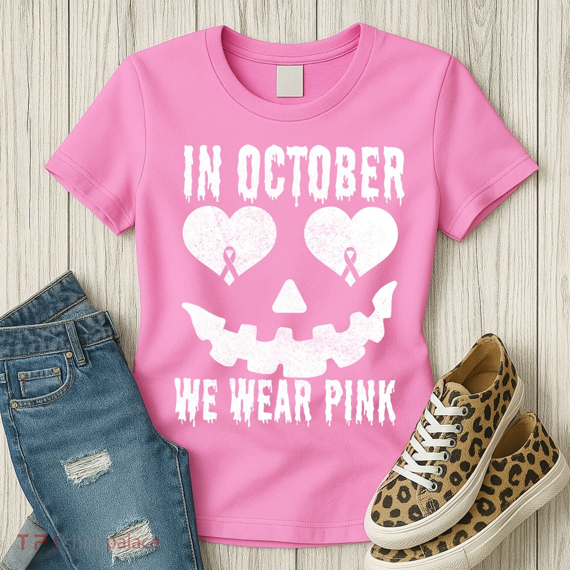 In October We Wear Pink Breast Cancer Jackolantern Halloween Women's T-Shirt
