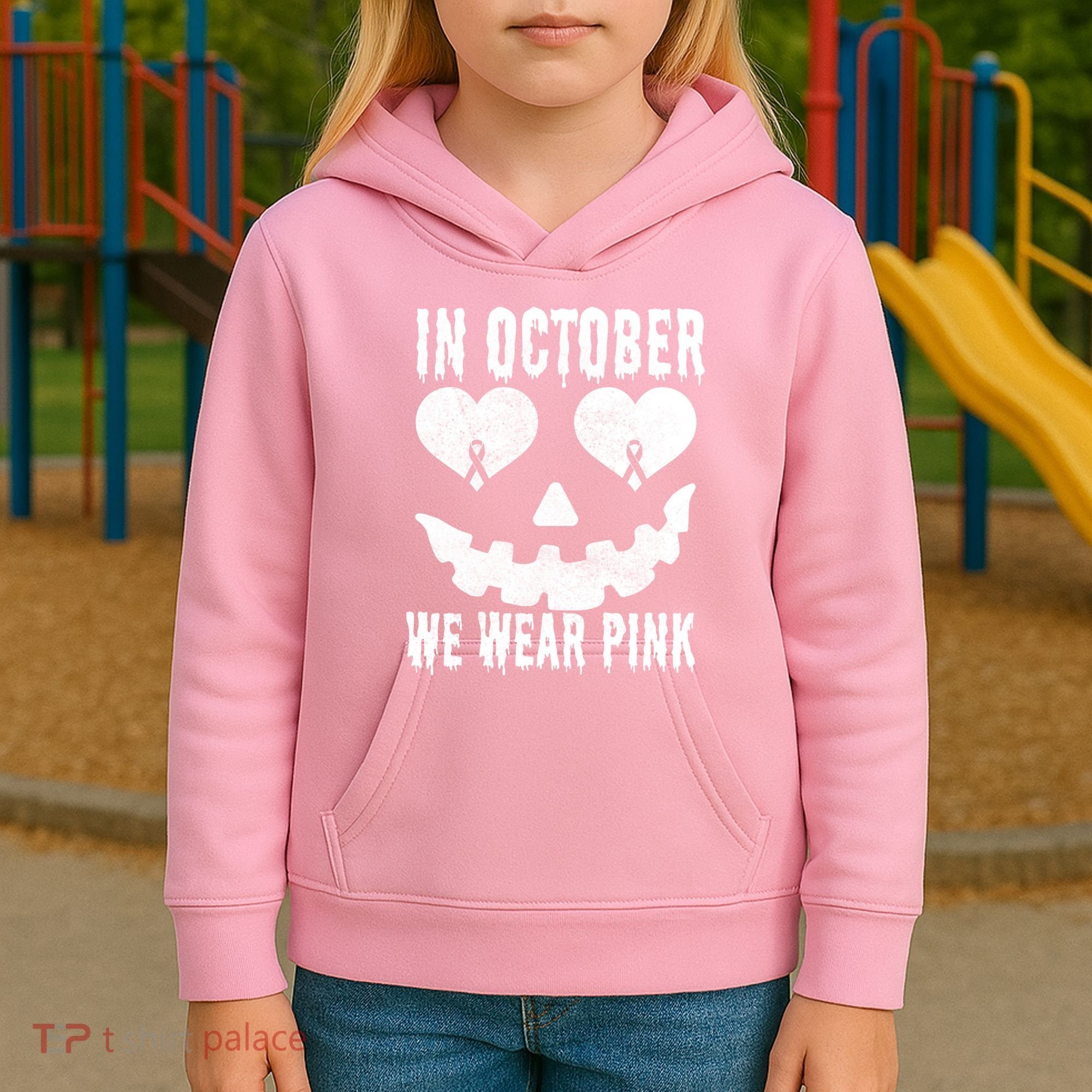 In October We Wear Pink Breast Cancer Jackolantern Halloween Kids Hoodie