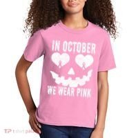 In October We Wear Pink Breast Cancer Jackolantern Halloween Kids T-Shirt thumb 2
