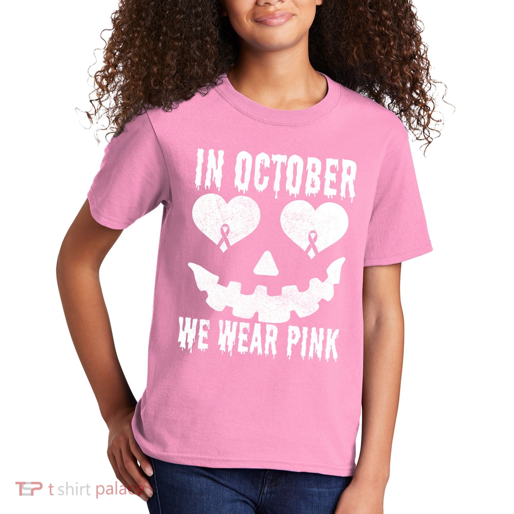 In October We Wear Pink Breast Cancer Jackolantern Halloween Kids T-Shirt