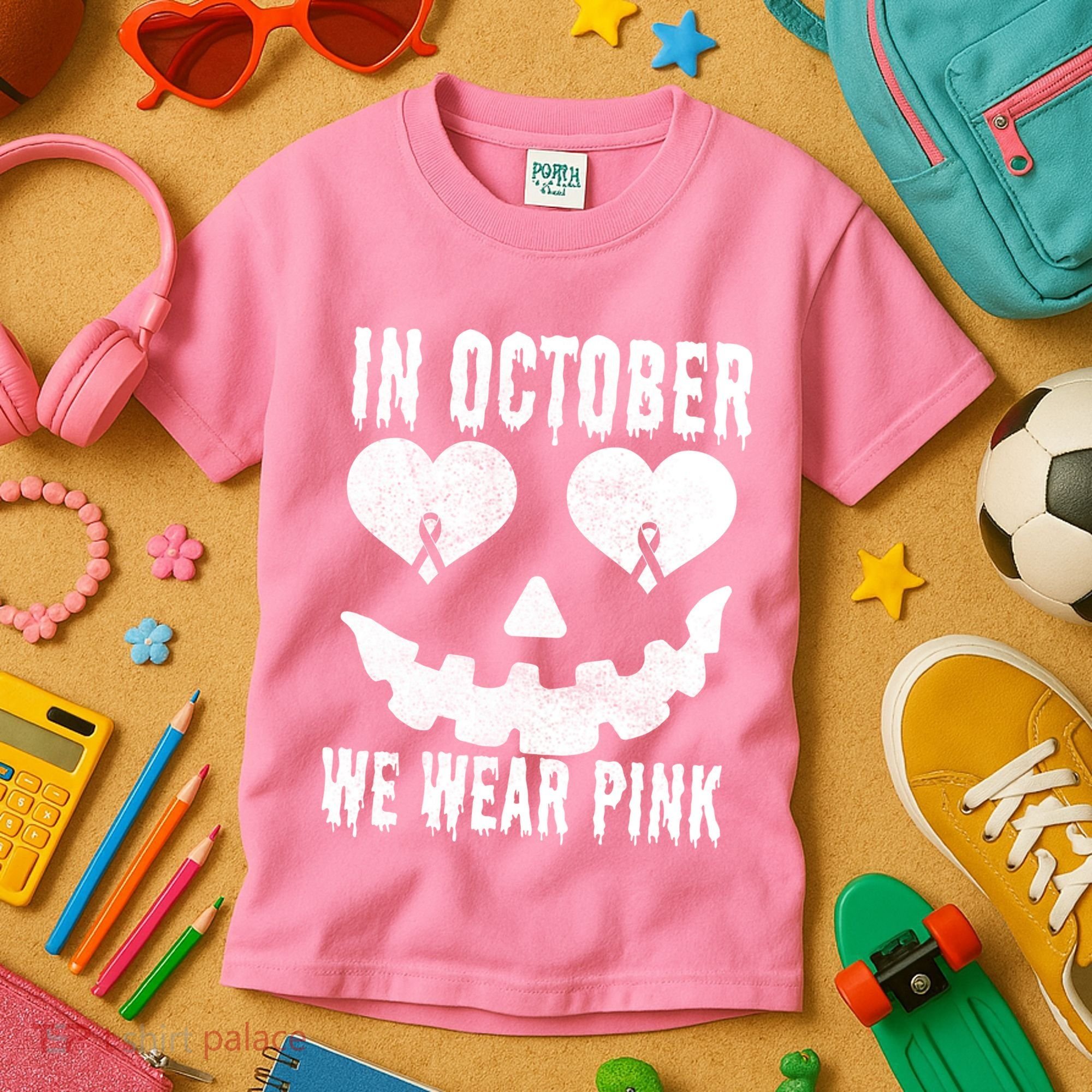 In October We Wear Pink Breast Cancer Jackolantern Halloween Kids T-Shirt