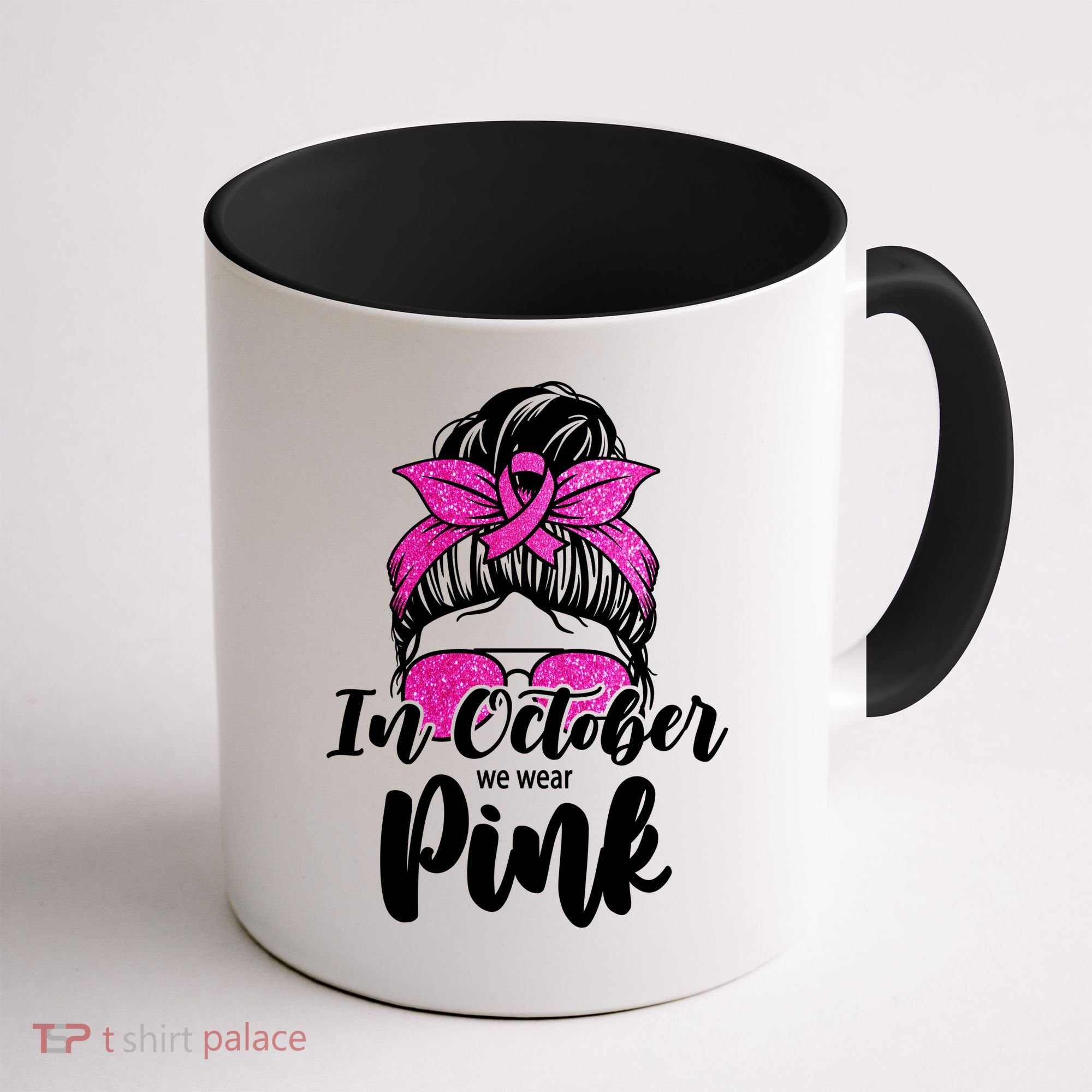 In October We Wear Pink Messy Bun Breast Cancer Coffee Mug