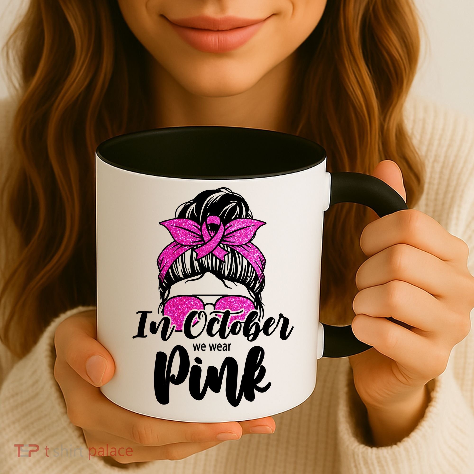 In October We Wear Pink Messy Bun Breast Cancer Coffee Mug