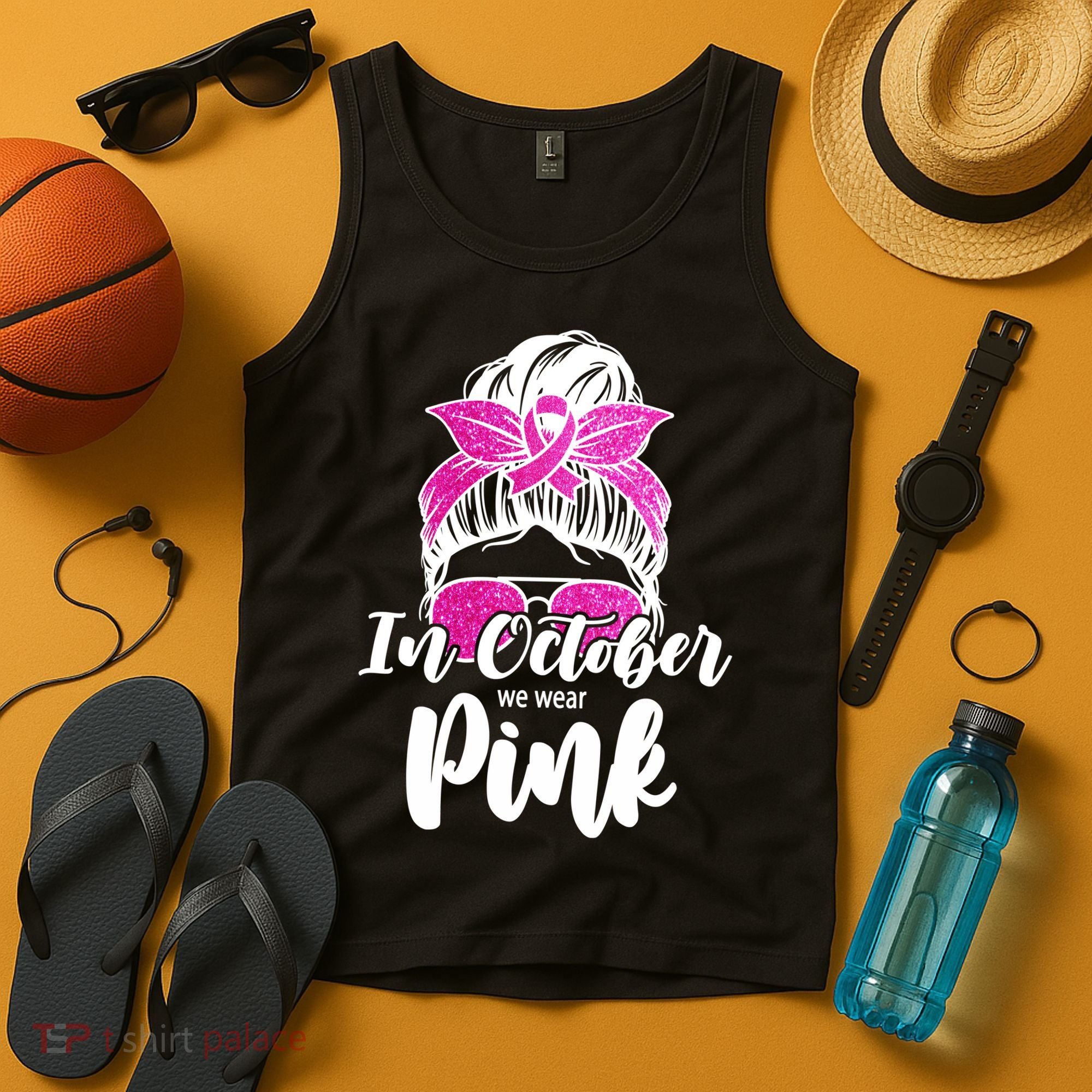 In October We Wear Pink Messy Bun Breast Cancer Tank Top
