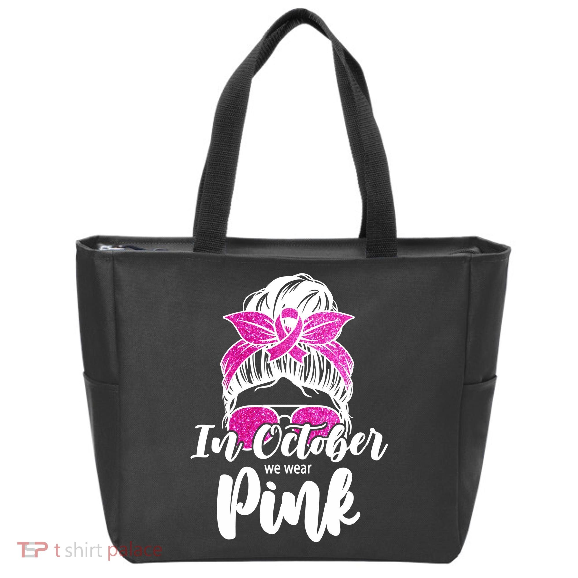 In October We Wear Pink Messy Bun Breast Cancer Tote Bag