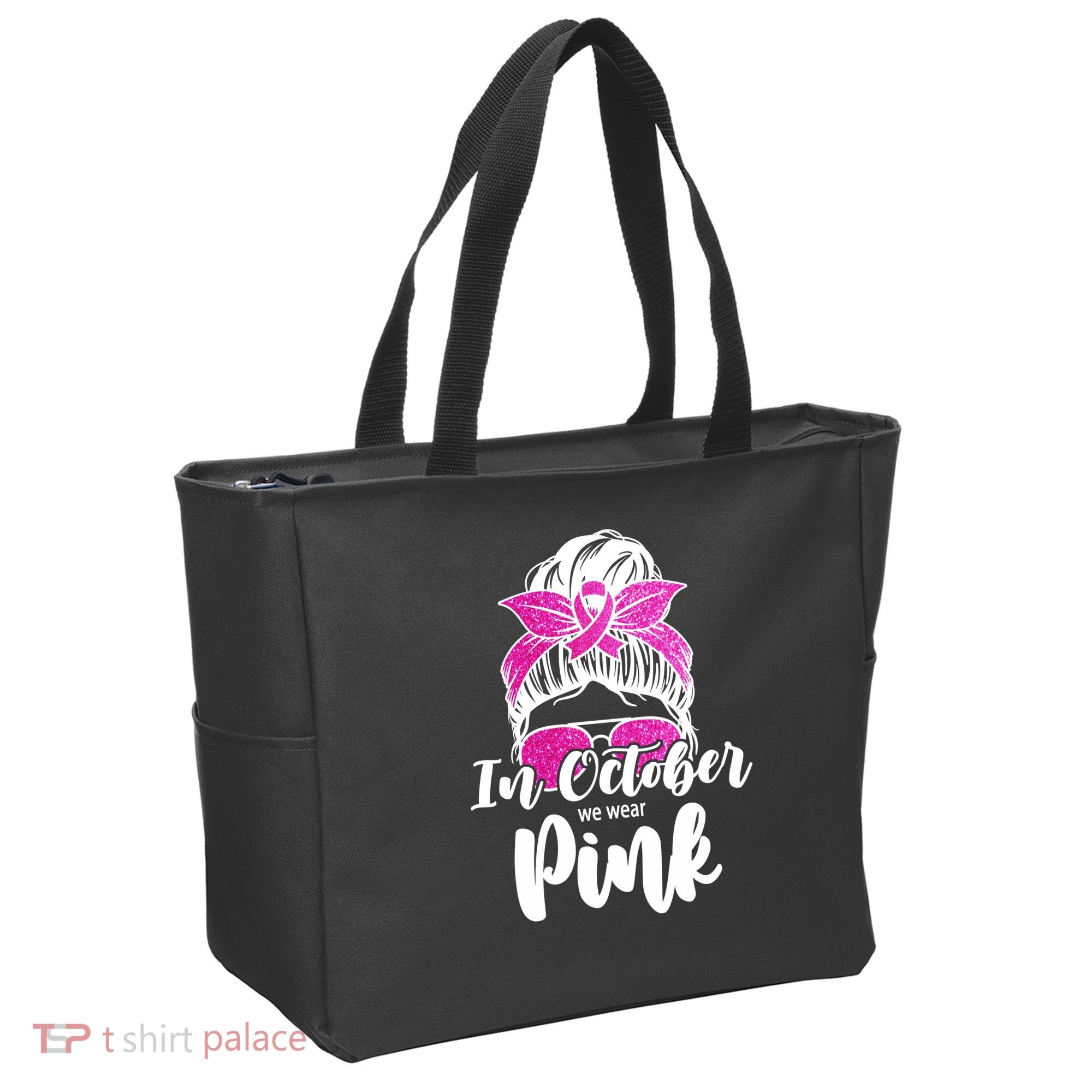 In October We Wear Pink Messy Bun Breast Cancer Tote Bag