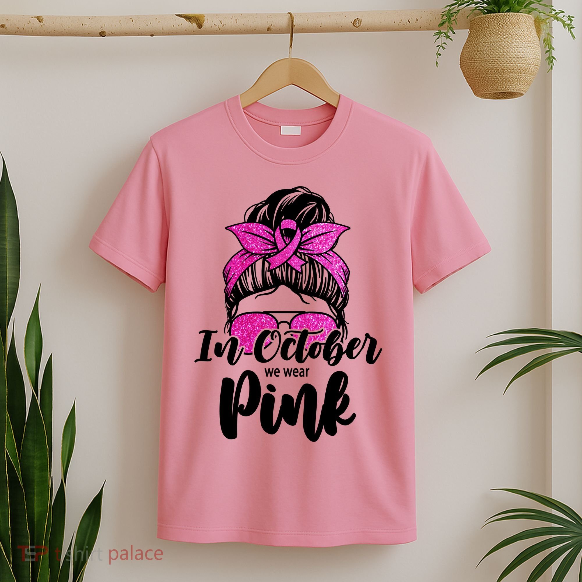 In October We Wear Pink Messy Bun Breast Cancer T-Shirt
