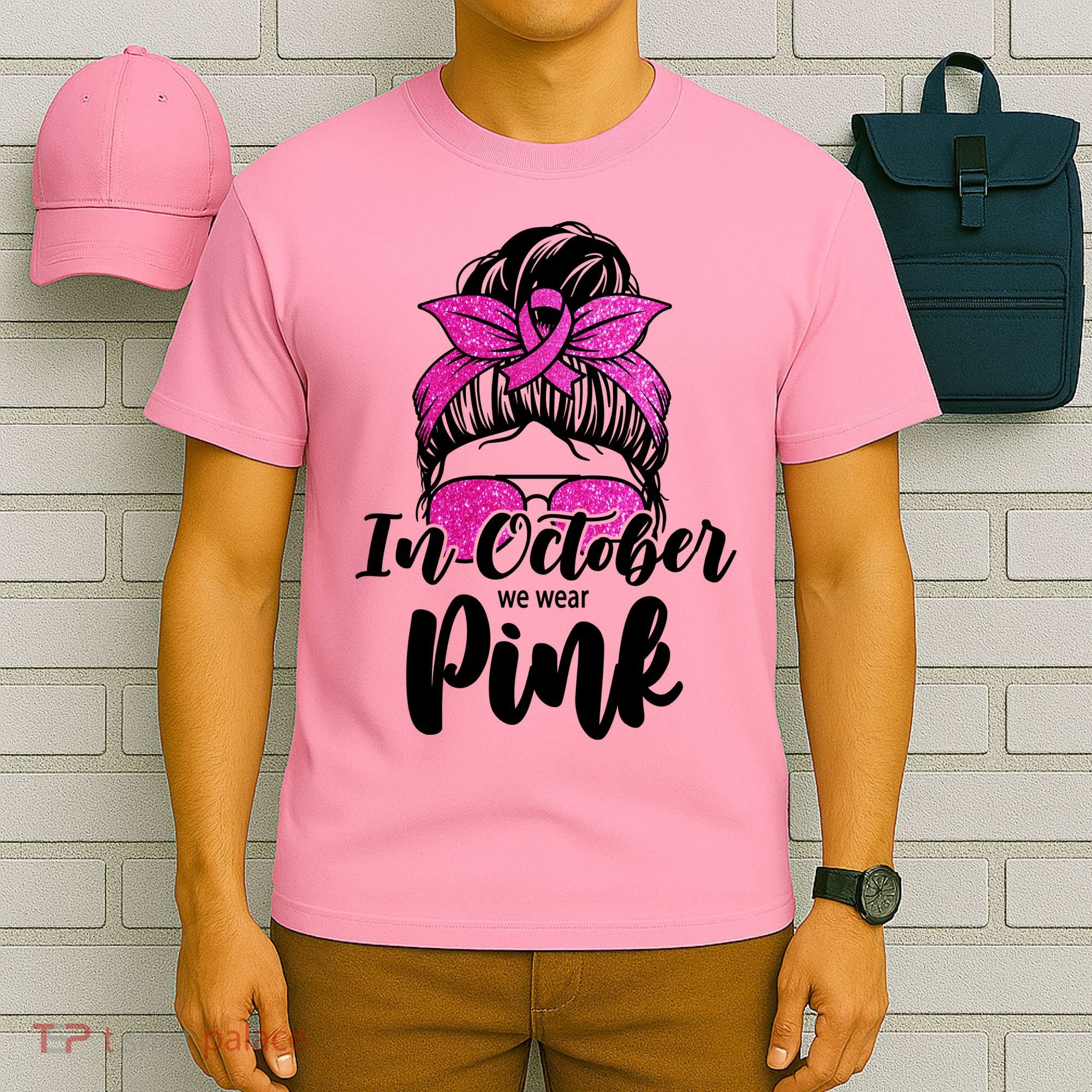 In October We Wear Pink Messy Bun Breast Cancer T-Shirt