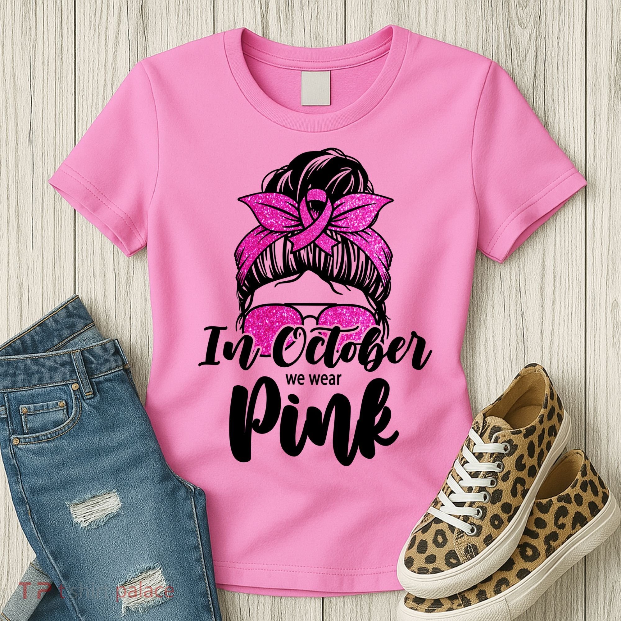 In October We Wear Pink Messy Bun Breast Cancer Women's T-Shirt