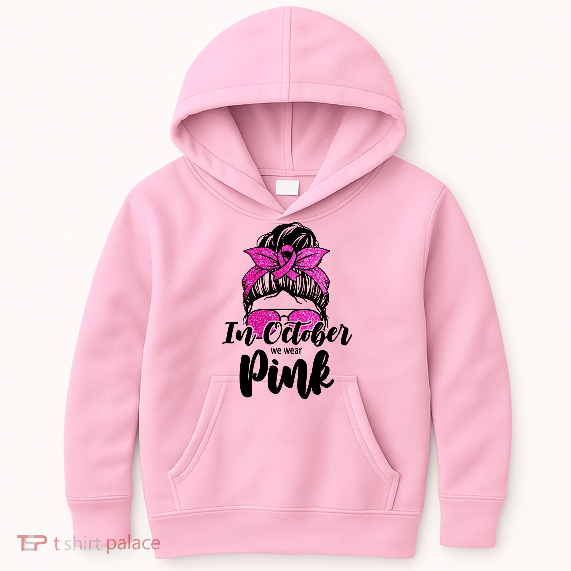 In October We Wear Pink Messy Bun Breast Cancer Kids Hoodie