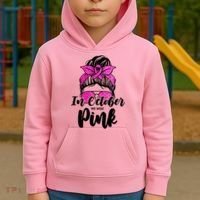 In October We Wear Pink Messy Bun Breast Cancer Kids Hoodie thumb 2
