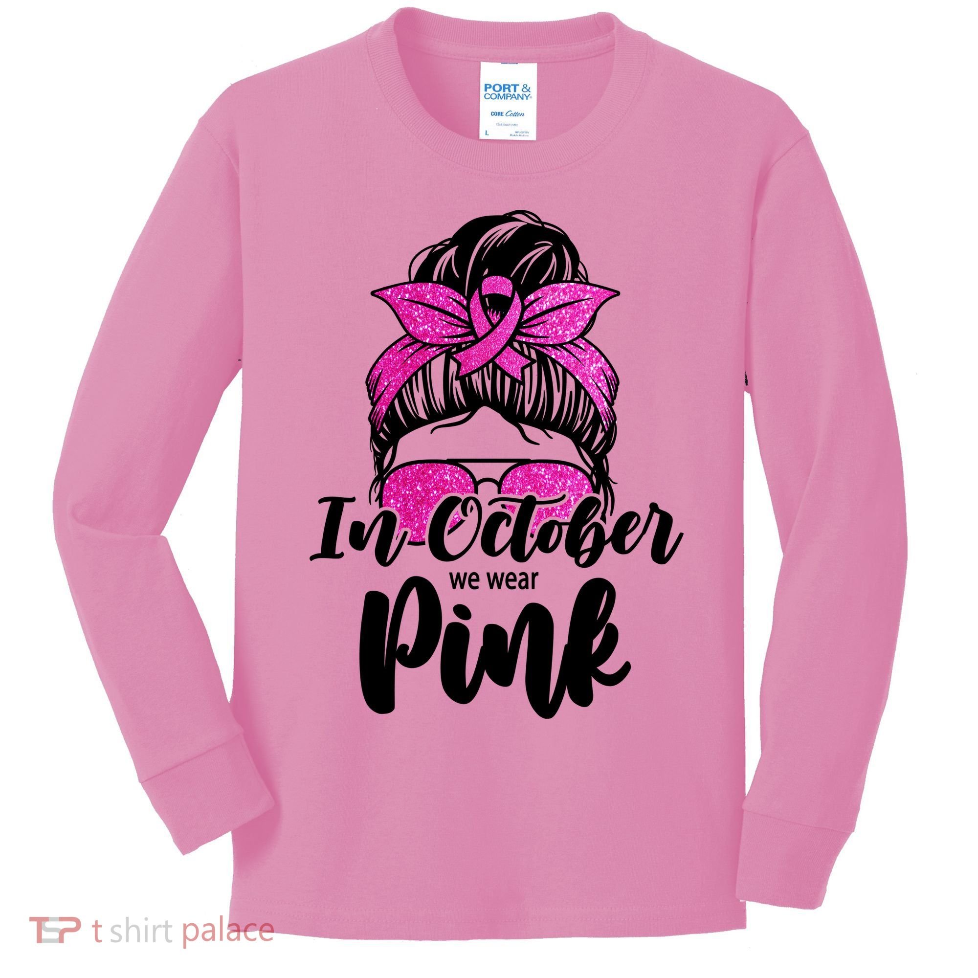 In October We Wear Pink Messy Bun Breast Cancer Kids Long Sleeve Shirt