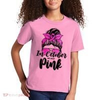 In October We Wear Pink Messy Bun Breast Cancer Kids T-Shirt thumb 2