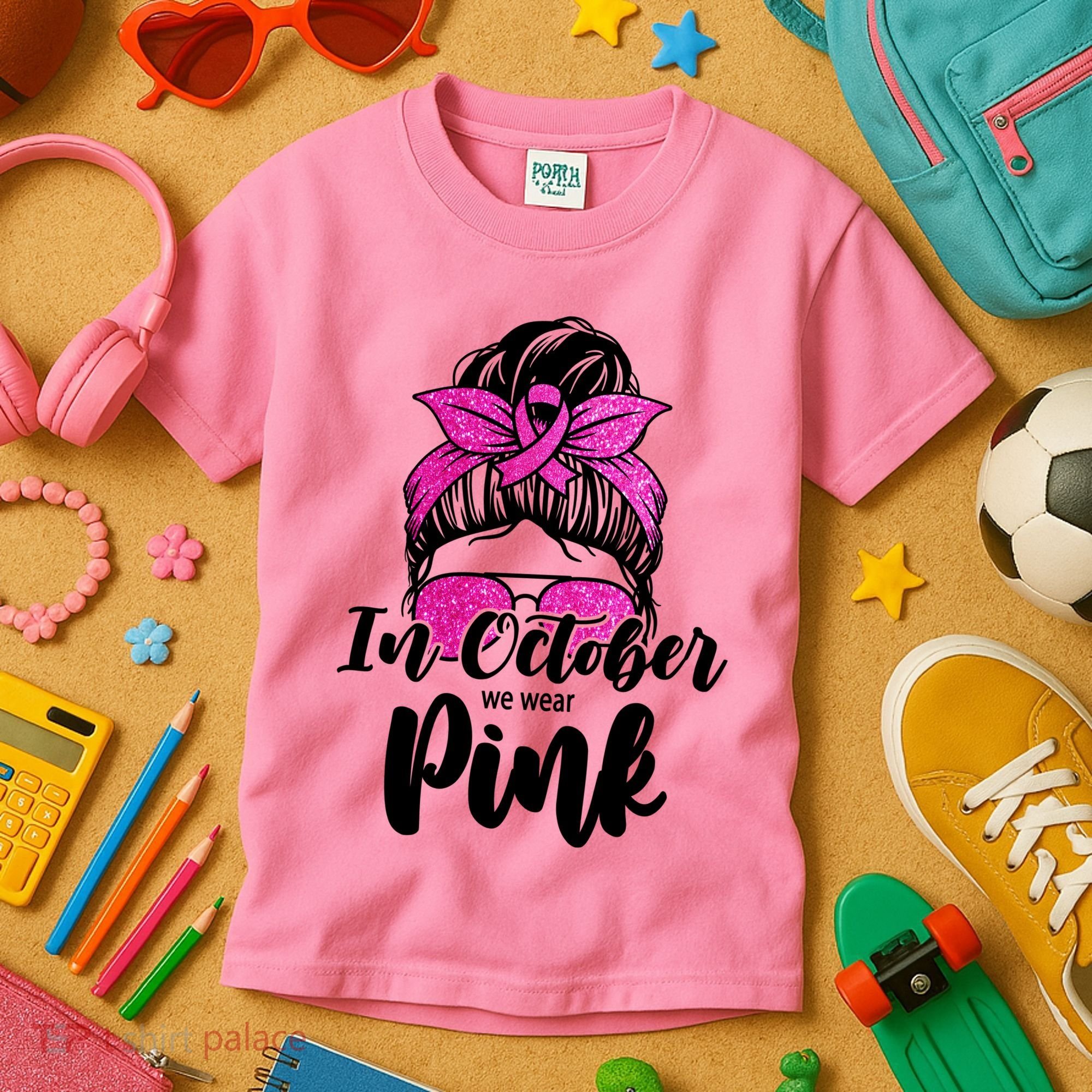In October We Wear Pink Messy Bun Breast Cancer Kids T-Shirt